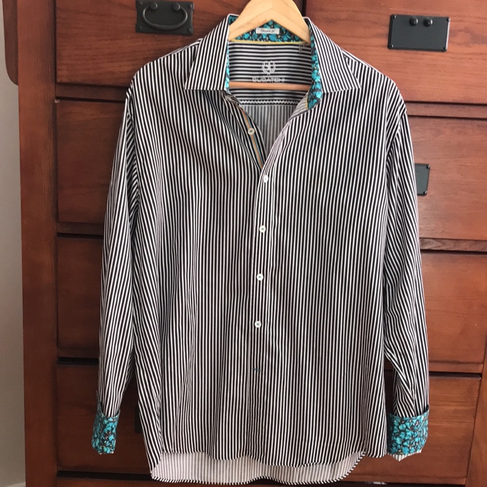 Bugatchi Uomo Black White Striped Shaped Fit Button Down Shirt, Mens Size XL